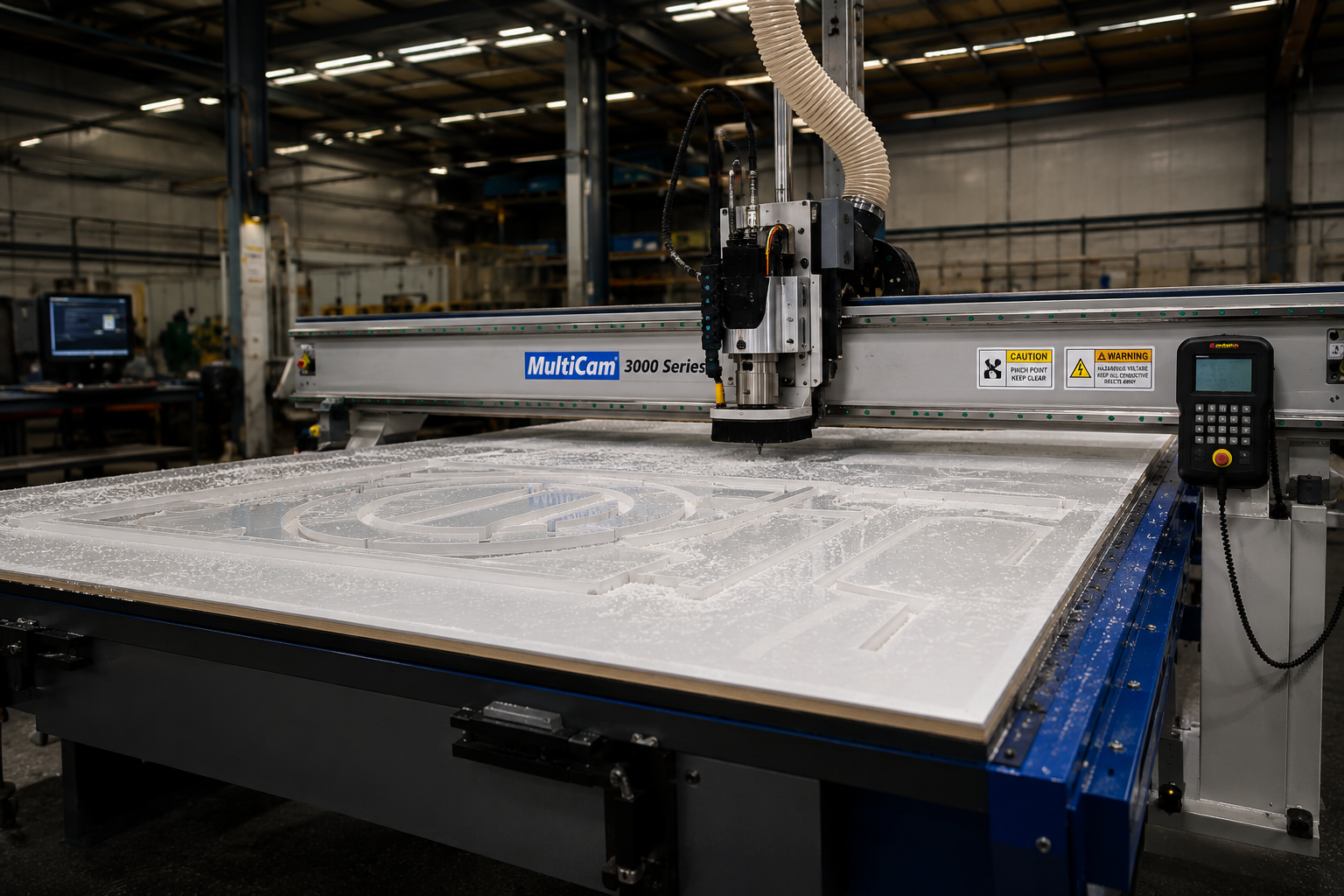 Máquina CNC cortando placa de acrílico em ambiente industrial